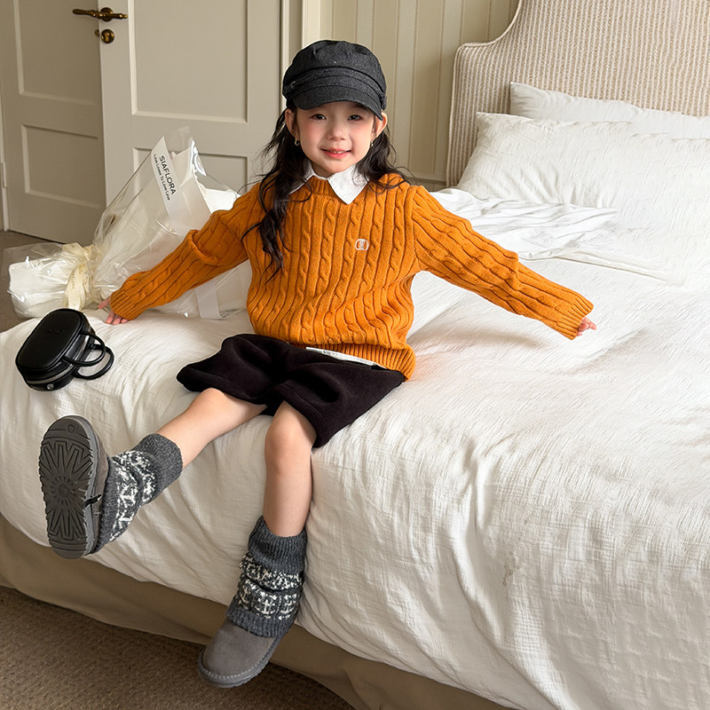 依依妈儿童抗起球加厚保暖柔软毛衣女童宝宝刺绣纯色麻花针织衫