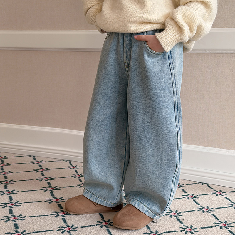 依依妈儿童韩版洋气冬季加厚复古牛仔裤女童加绒保暖休闲直筒裤潮