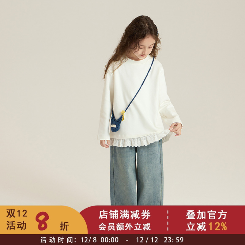 依依妈中大儿童加厚保暖花边打底衫女童冬装韩版百搭纯色长袖T恤