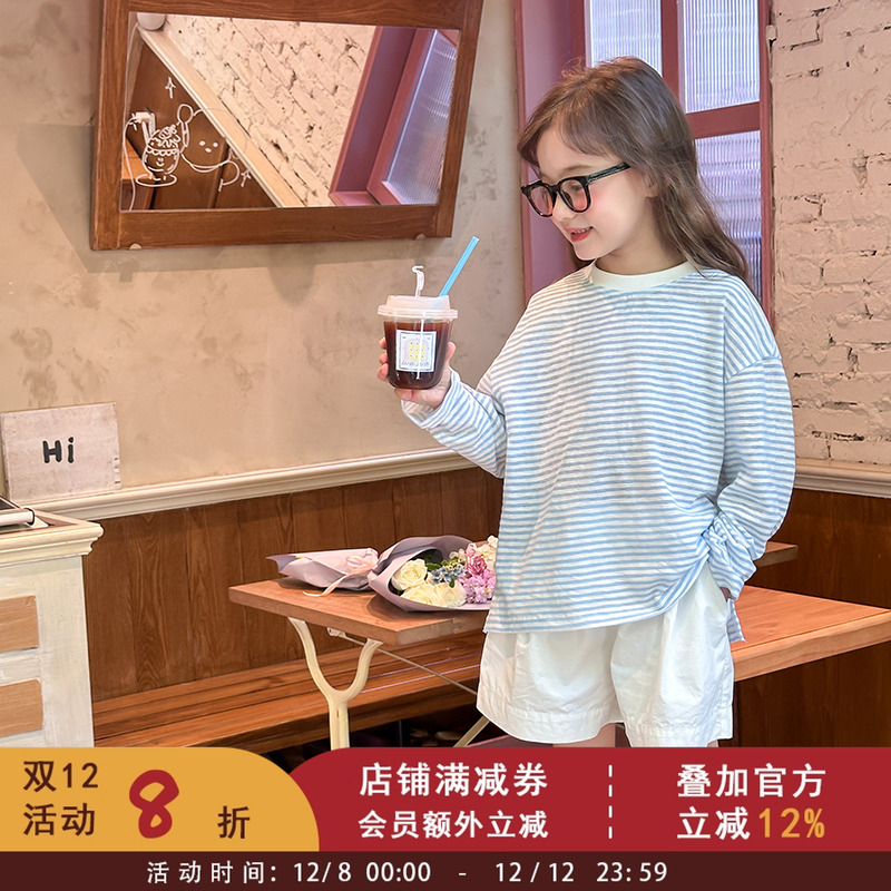 儿童洋气宽松打底衫上衣女童春秋装套头衫宝宝透气长袖条纹T恤潮