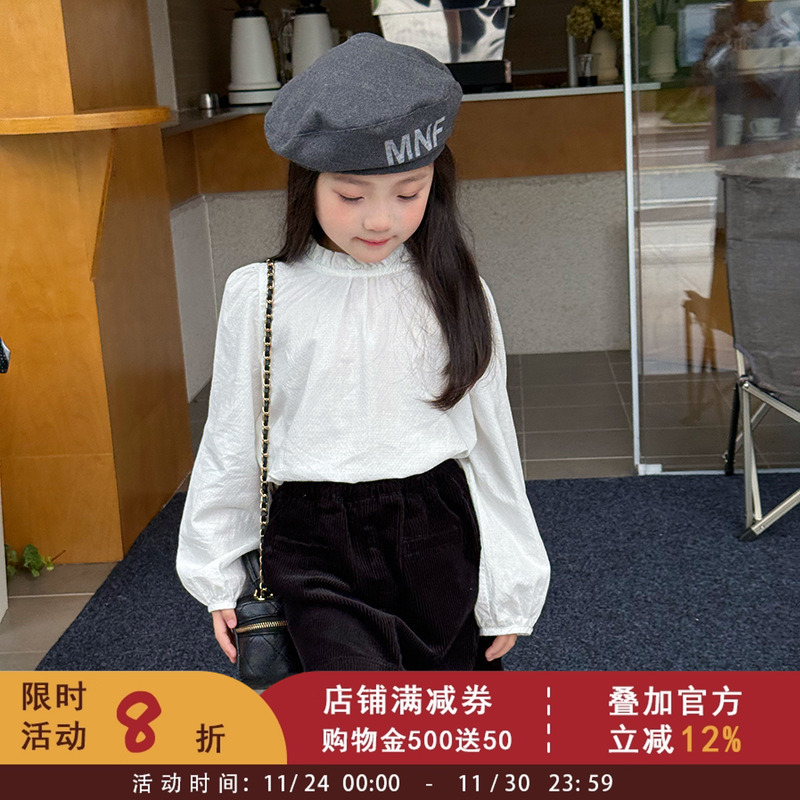 女童秋装气质花边立领提花纯棉衬衫儿童韩版洋气上衣宝宝白色衬衣