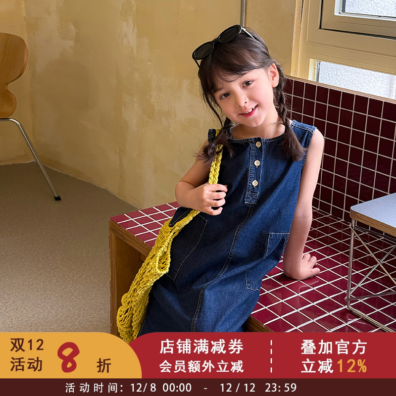 依依妈女童休闲口袋开叉薄款牛仔背心裙宝宝裙子儿童夏韩版连衣裙