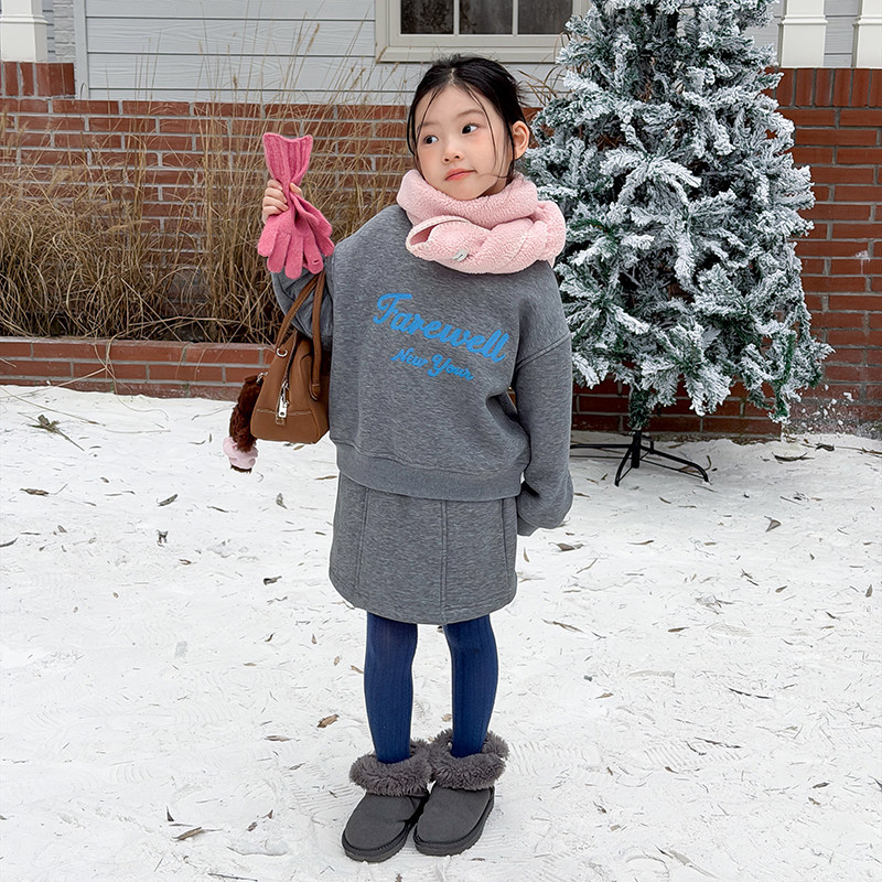 依依妈女童韩版冬季加厚卫衣+半身裙套装儿童宝宝加绒保暖短裙潮