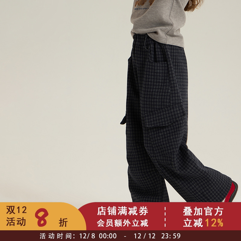依依妈中大女童韩版加绒格子工装裤2025冬儿童休闲百搭直筒长裤子