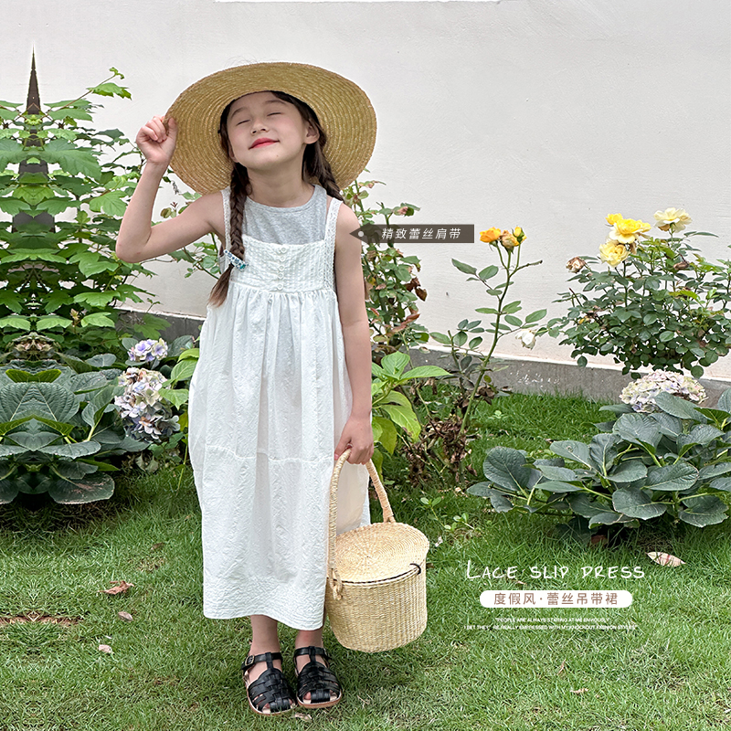 新款儿童洋气公主裙2024夏季女童甜美蕾丝吊带裙宝宝度假风背心裙