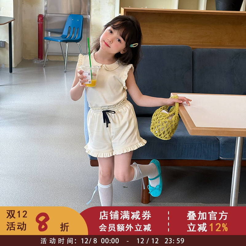 依依妈儿童宝宝韩版休闲甜美花边娃娃领无袖背心女童短裤两件套装