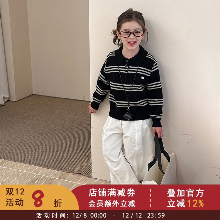 中大儿童时髦复古学院风条纹翻领毛衣女童秋冬装加厚保暖针织上衣