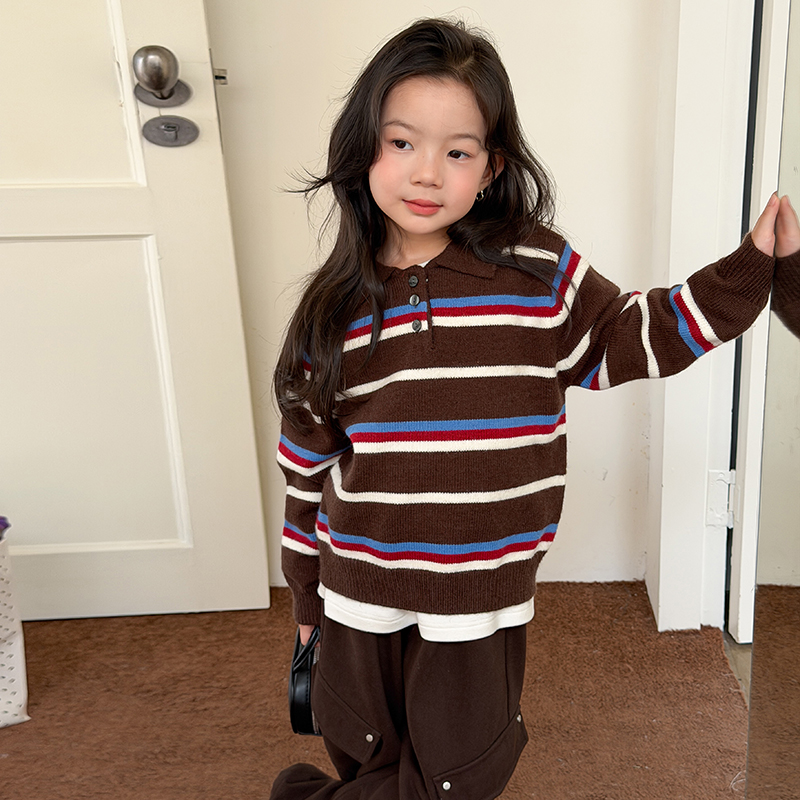 依依妈女童韩版冬装休闲撞色彩条POLO翻领毛衣儿童拼色针织上衣潮