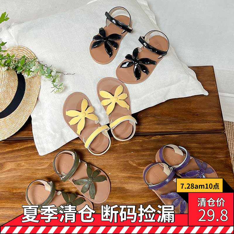 清仓 女童鞋子小众复古风花朵魔术贴软底花瓣露趾鞋儿童公主鞋沙