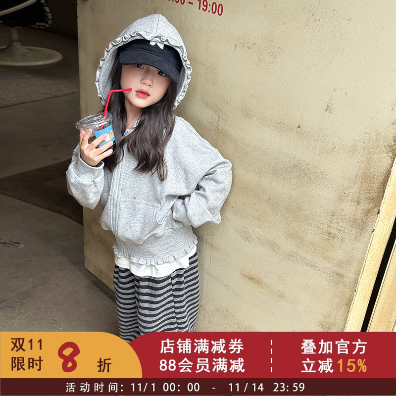 依依妈女童秋装甜美花边时髦韩版卫衣外套2025秋季中大小儿童上衣