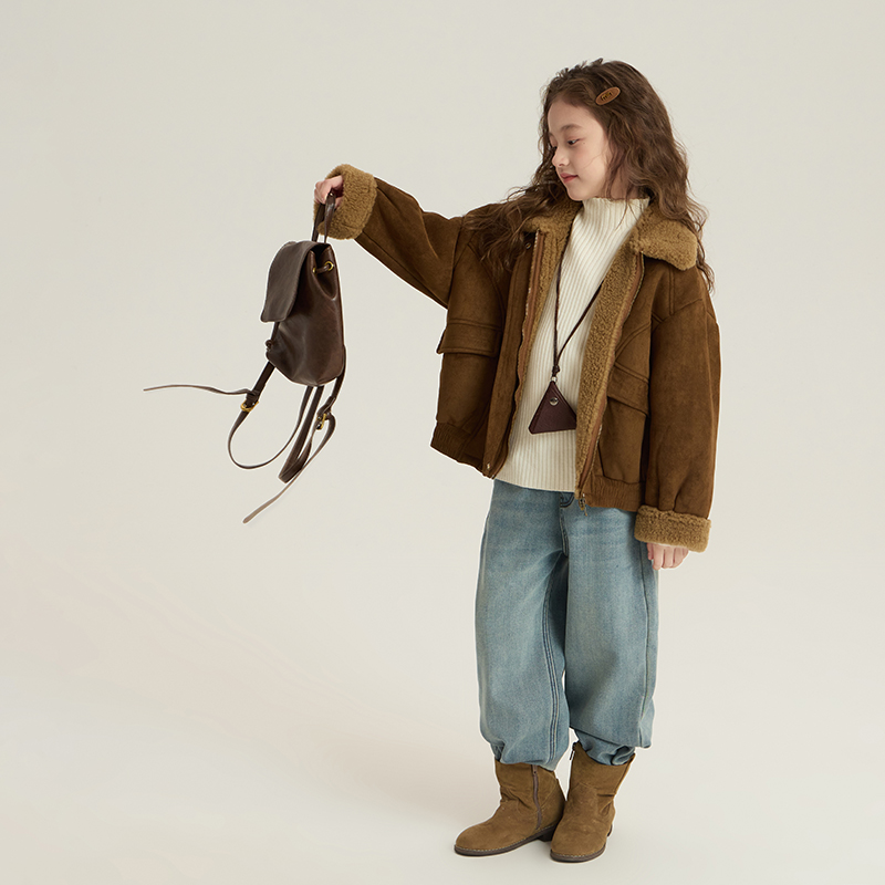 依依妈女童冬装时髦复古机车夹克外套儿童韩版皮毛一体保暖棉服潮