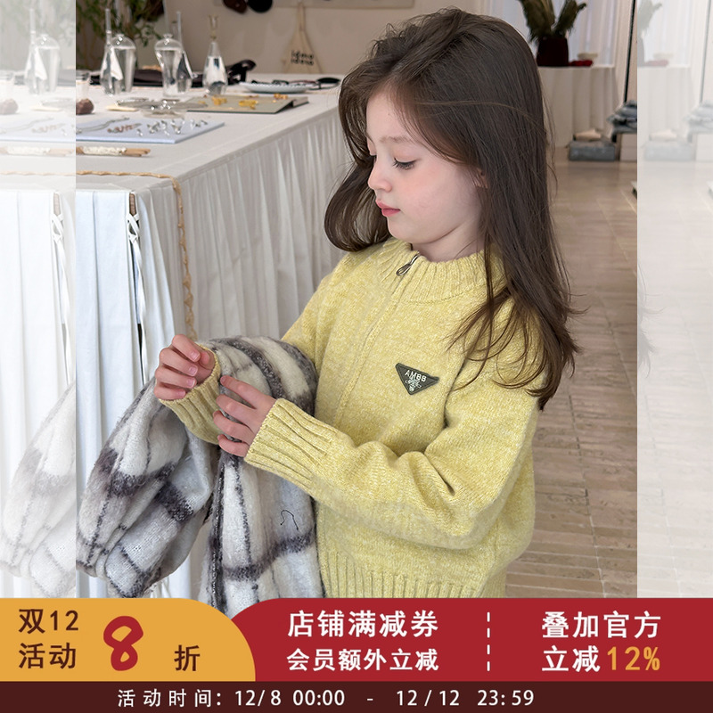 儿童保暖毛衣女孩韩版休闲上衣中大女童贴标拉链针织开衫秋冬外套