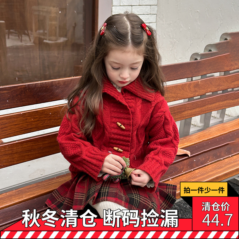 女童冬装新年红色毛衣宝宝针织开衫年服儿童洋气牛角扣加厚外套潮