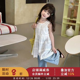 依依妈儿童轻薄防晒无袖 裙女童气质甜美蕾丝提花叠穿背心裙夏 罩衫