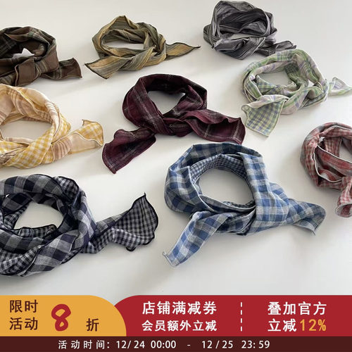 依依妈女童秋冬棉麻氛围感搭配小领结围巾儿童格纹文艺发带小丝巾
