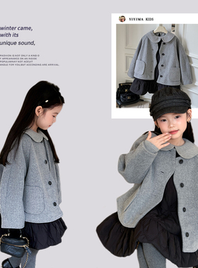 依依妈冬季女童韩版洋气精致气质毛呢大衣儿童甜美上衣小女孩外套