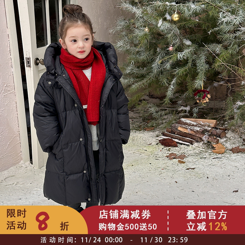 儿童新国标90白鸭绒连帽长款羽绒服冬装女童宝宝韩版保暖加厚外套