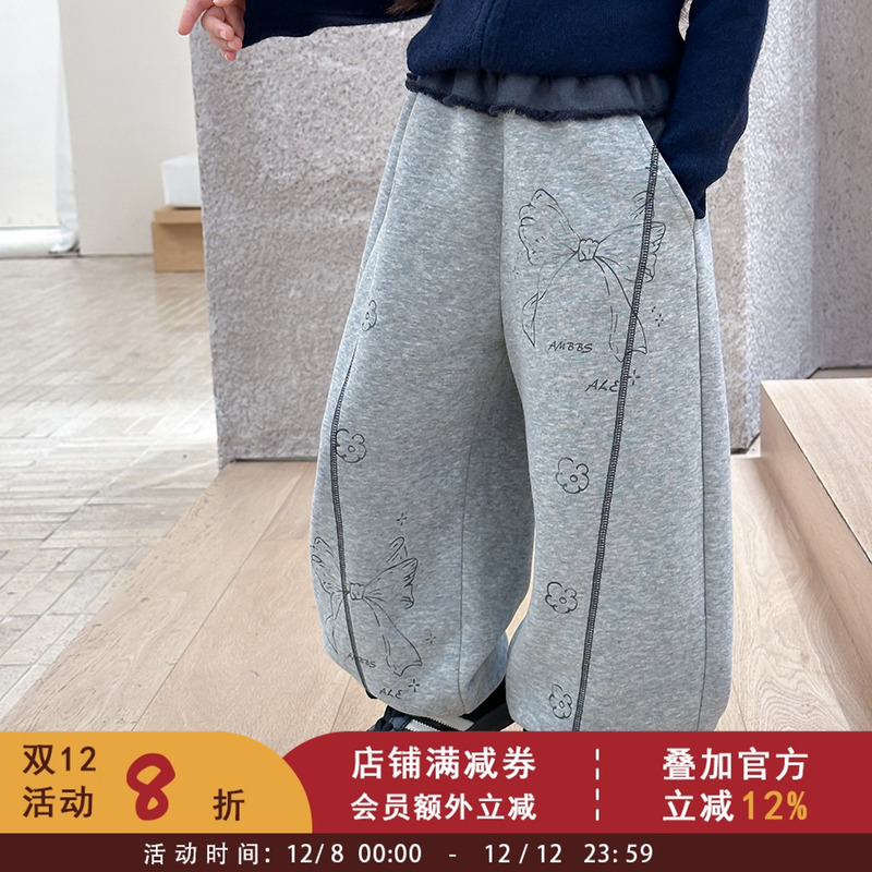 2025秋季女童韩版满印蝴蝶结直筒裤拼接休闲裤中大儿童百搭阔腿裤