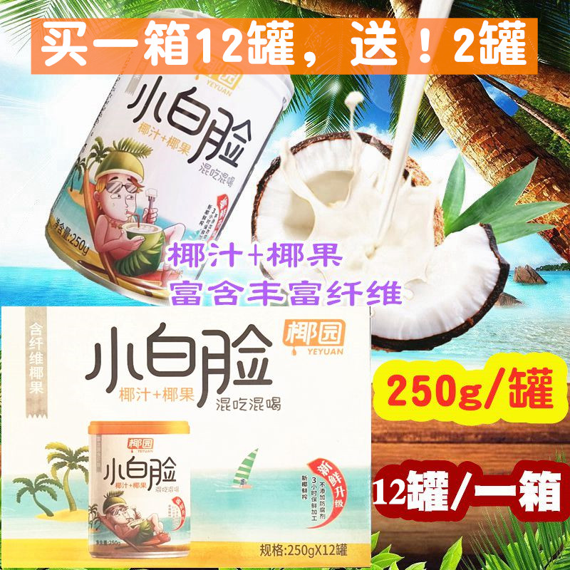 海南特产椰园小白脸椰汁椰果250gx12罐整箱椰子汁植物蛋白饮