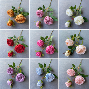 家居软装 仿真3头皇妃玫瑰 摆件油画复古玫瑰花束豆沙粉婚庆仿真花