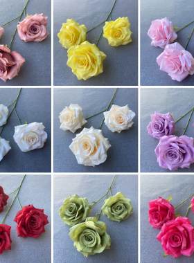 仿真3头玫瑰花红色白色紫色假花装饰花束婚庆婚礼堂花材花艺摆件