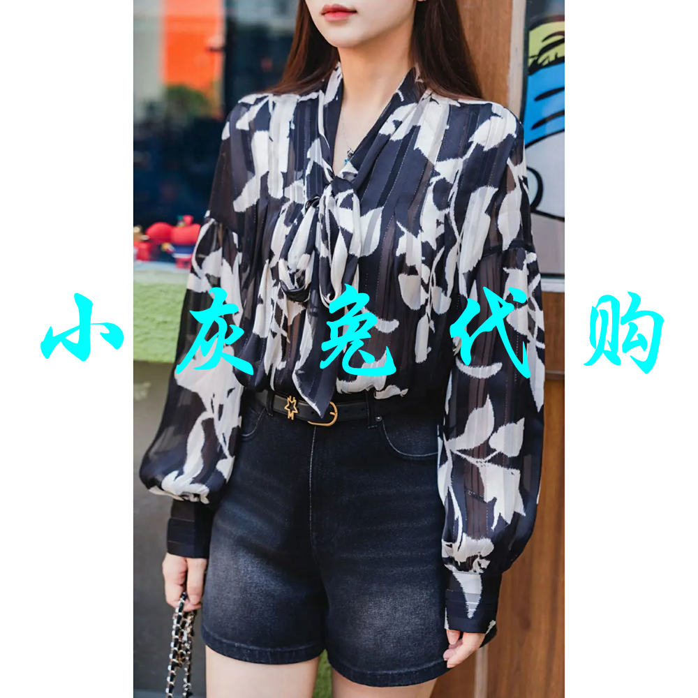 小灰兔正品代购2025秋新款飘带印花雪纺长袖衬衫130113-2A81711