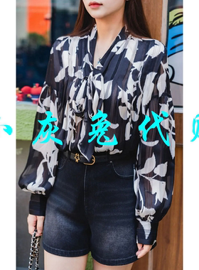 小灰兔正品代购2025秋新款飘带印花雪纺长袖衬衫130113-2A81711