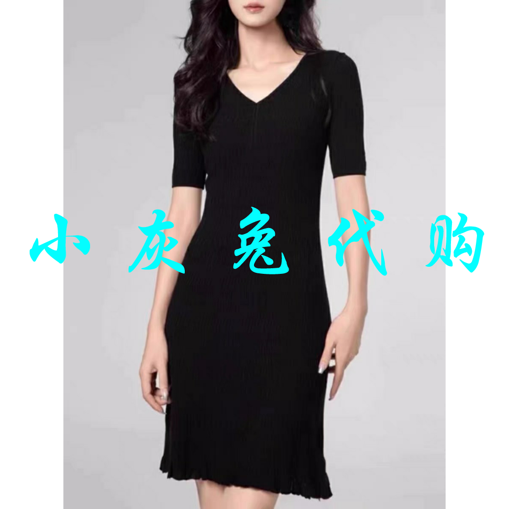 小灰兔代购2025秋新款V领百搭修身针织短袖连衣裙女5599028