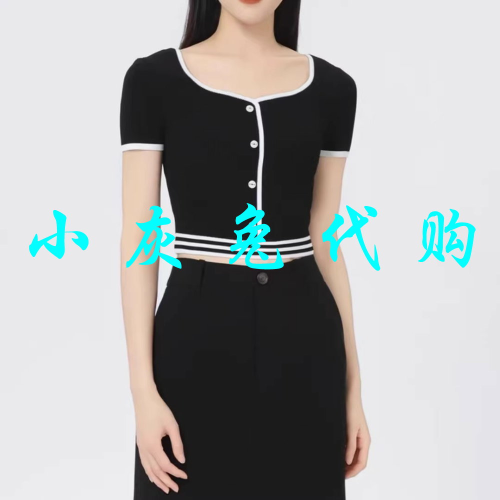 小灰兔2025夏方领修身黑色针织短袖538077-1T70211