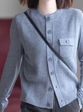 小灰兔代购2025秋新款百搭圆领羊毛无袖针织开衫548041-7T04131