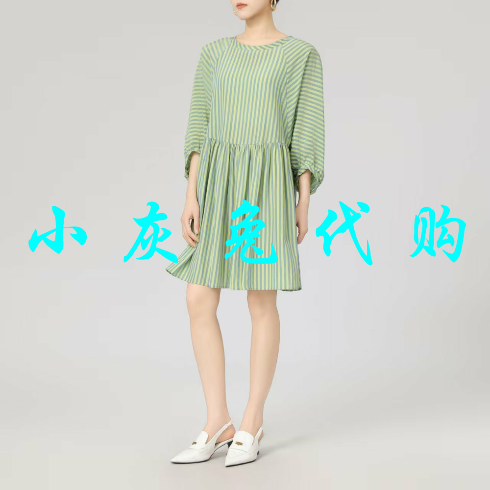 小灰兔正品2025夏新款圆领条纹灯笼中袖宽松连衣裙550019