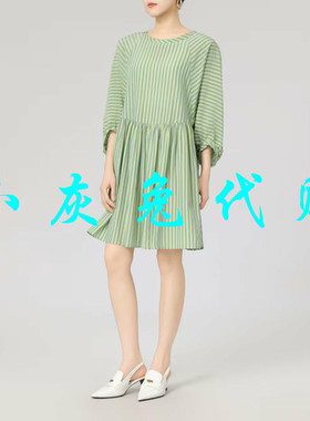 小灰兔正品2025夏新款圆领条纹灯笼中袖宽松连衣裙550019