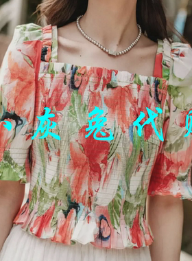 小灰兔正品2025夏新款方领印花泡泡袖衬衫1300995-1A75158-001