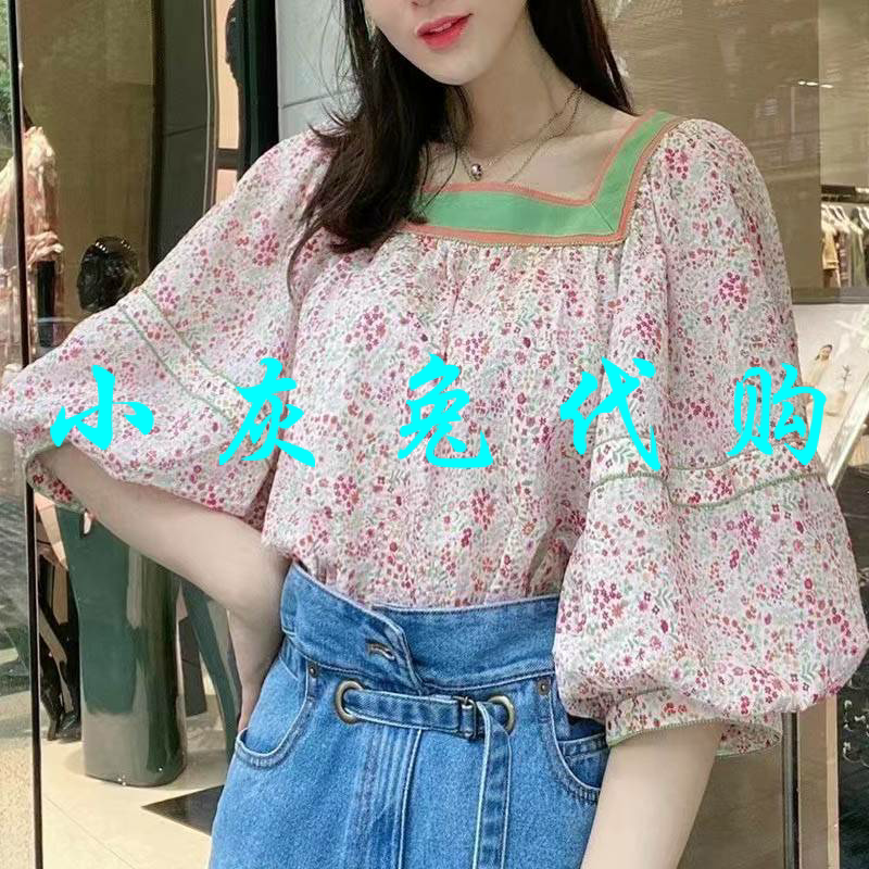 小灰兔2025夏方领泡泡袖碎花宽松衬衫女5300627