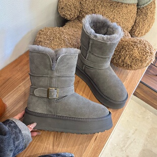 骑士靴厚底增高雪地靴皮毛一体女2025冬季 中筒皮带扣加厚保暖 新款