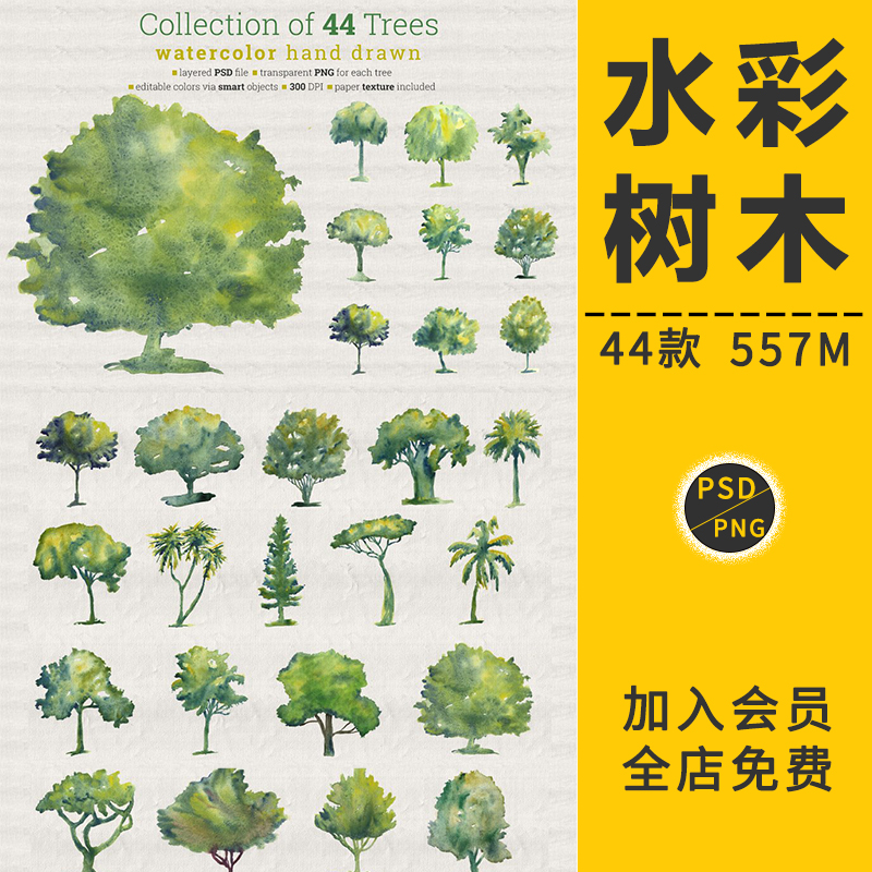 水彩手绘植物树木园林景观乔灌木小清新插画背景封面PSD设计素材