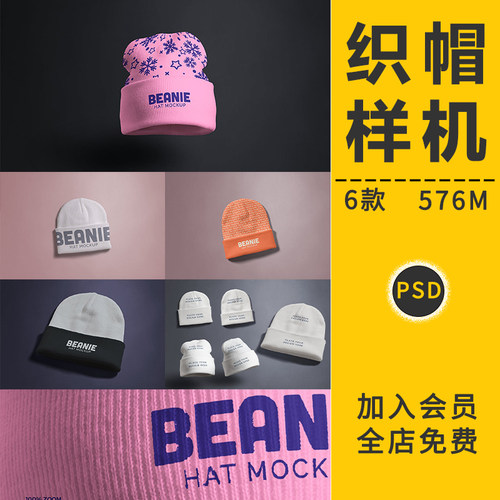 针织帽毛线帽子冬季小豆帽图案VI智能贴图样机展示模板型PSD素材
