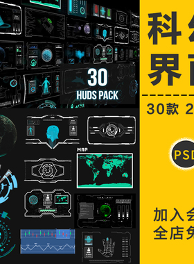 未来赛博朋克科幻科技HUD仪表盘数据图表分析UI界面PNG免抠PS素材