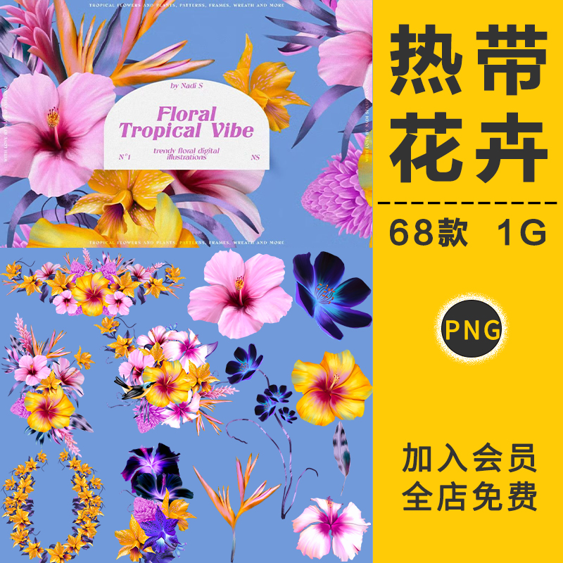 复古宫廷水彩手绘鲜花拼贴热带植物花卉PNG免抠图片插图插画素材