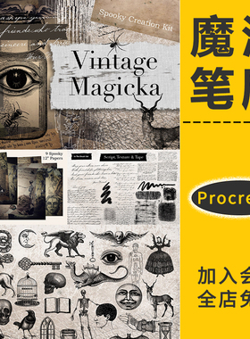 procreate笔刷复古魔法邪恶黑暗动物骷髅乌鸦女巫ipad图案元素材