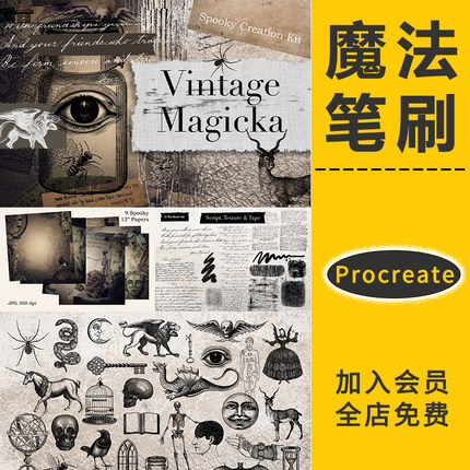procreate笔刷复古魔法邪恶黑暗动物骷髅乌鸦女巫ipad图案元素材