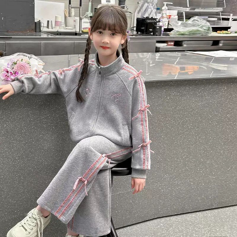 女童秋装运动套装休闲新款儿童蝴蝶结洋气时髦开衫时尚卫裤两件套
