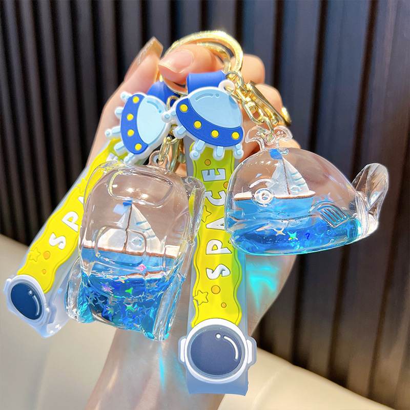 入油蓝色帆船钥匙扣挂件液体流沙瓶汽车钥匙链漂流瓶小礼品