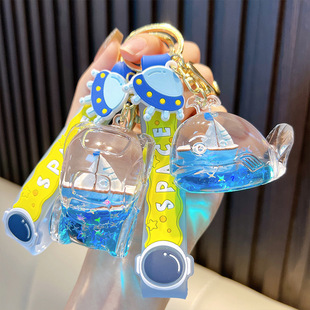 入油蓝色帆船钥匙扣挂件液体流沙瓶汽车钥匙链漂流瓶小礼品