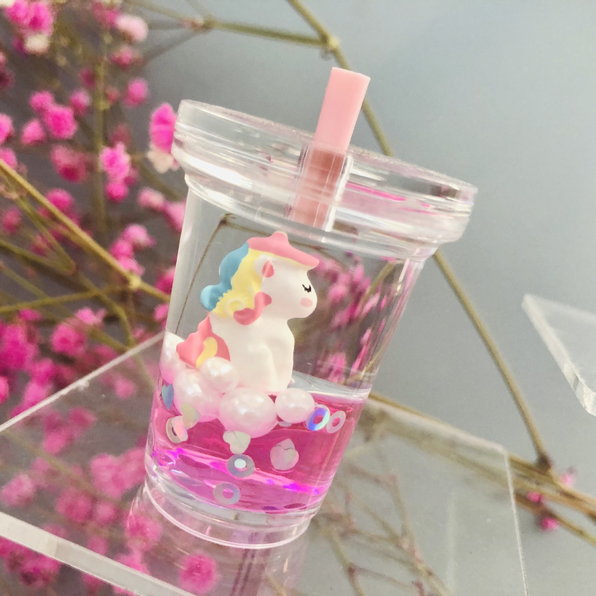 创意可爱入油流沙液体独角兽奶茶瓶钥匙扣网红小巧精致包挂件饰品