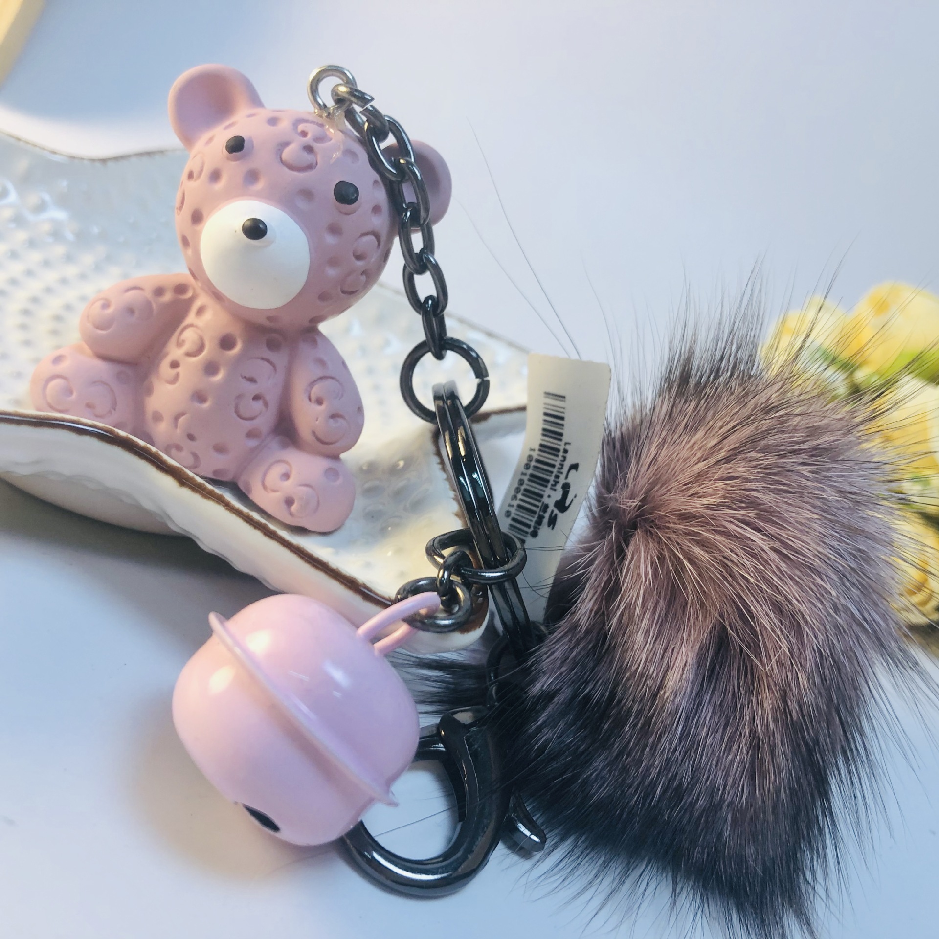 兰妮诗小熊毛绒铃铛扣动物创意便携式小工具镜子钥匙扣