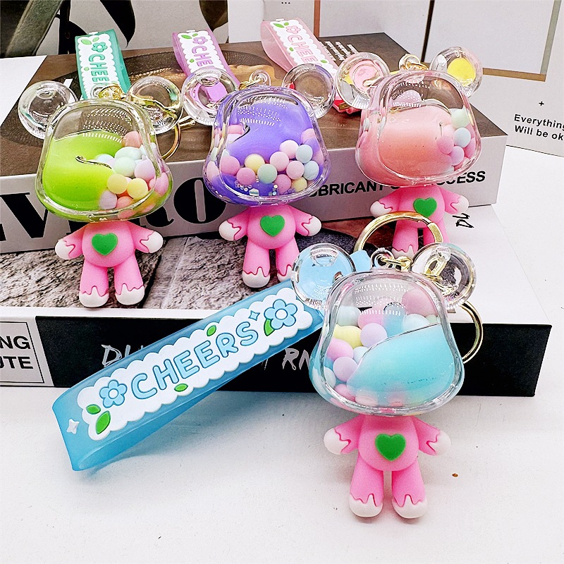 爆款亚克力入油流沙瓶彩豆爆力熊钥匙扣卡通挂件摆件流沙瓶