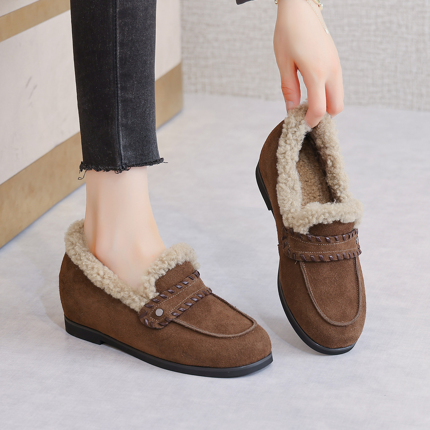 内增高毛毛鞋女冬季外穿2025新款一脚蹬软底真皮加绒保暖豆豆鞋,女鞋,乐福鞋（豆豆鞋）,淘宝优惠券,粉丝福利购,淘宝优惠卷