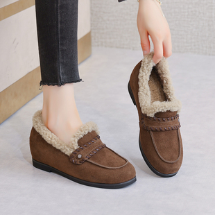 内增高毛毛鞋女冬季外穿2025新款一脚蹬软底真皮加绒保暖豆豆鞋