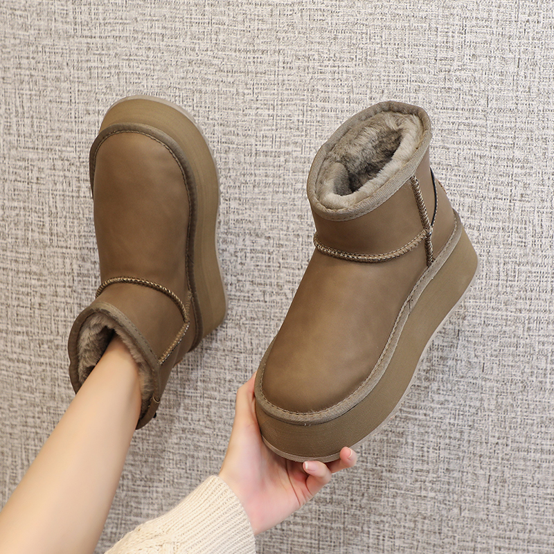 厚底雪地靴女加绒真皮面包棉鞋